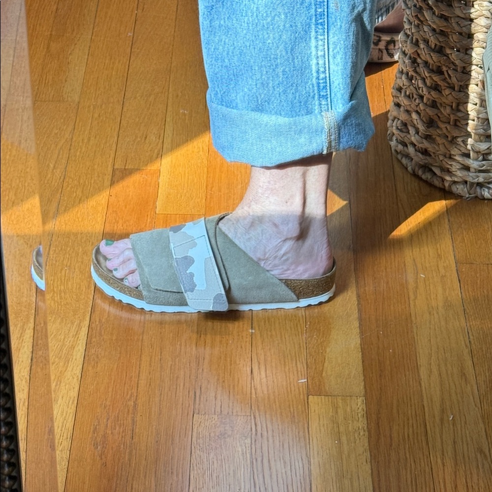 Birkenstock Women's Two-Strap Slide Sandals in Tan and Beige Camo Accent